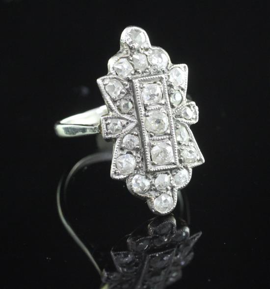An Edwardian 18ct white gold and rose cut diamond ring, size J.